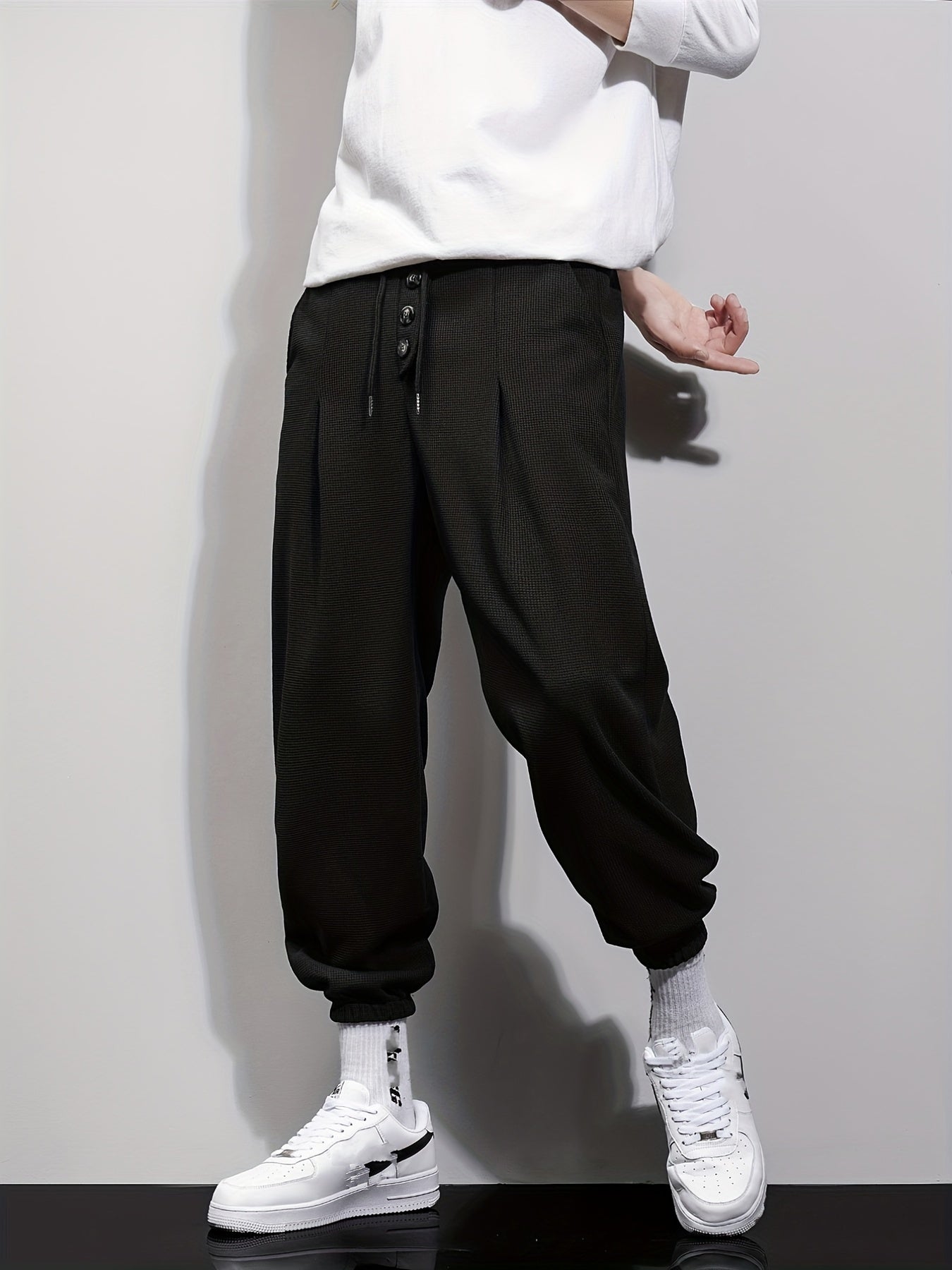 Men's Drawstring Button Wrinkle Pocket Sweatpants Loose Jogger Pants