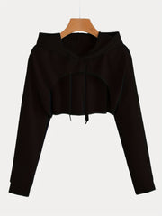 Y2K Solid Drawstring Crop Hoodie Loose Hooded Long Sleeve Crop Sweatshirt