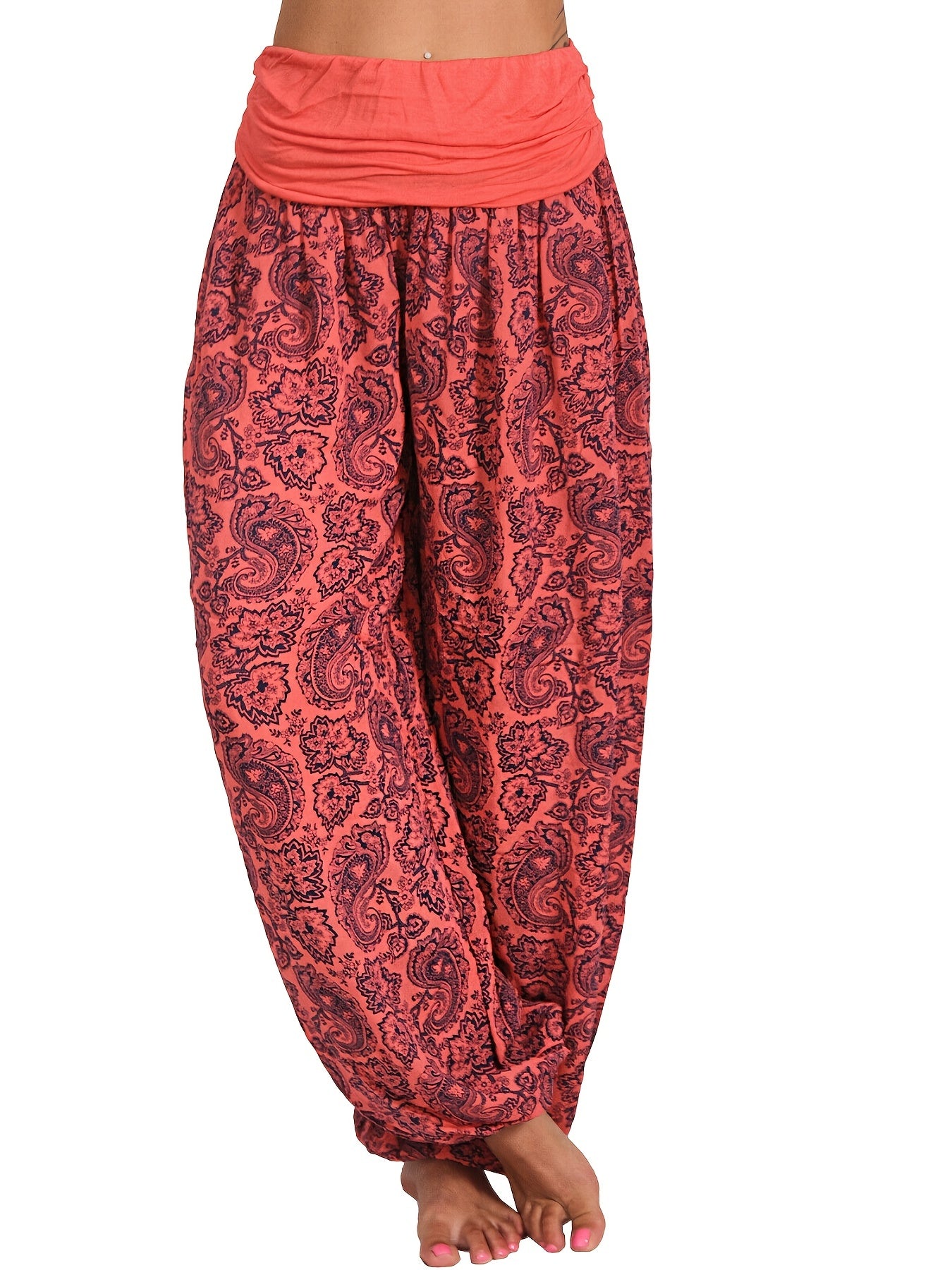 Boho Paisley Floral Print Harem Pants Elastic Waist Spring Summer