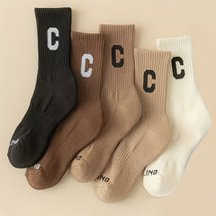 5 Pairs Letter Print Ribbed Socks Women's Mid Tube Stockings