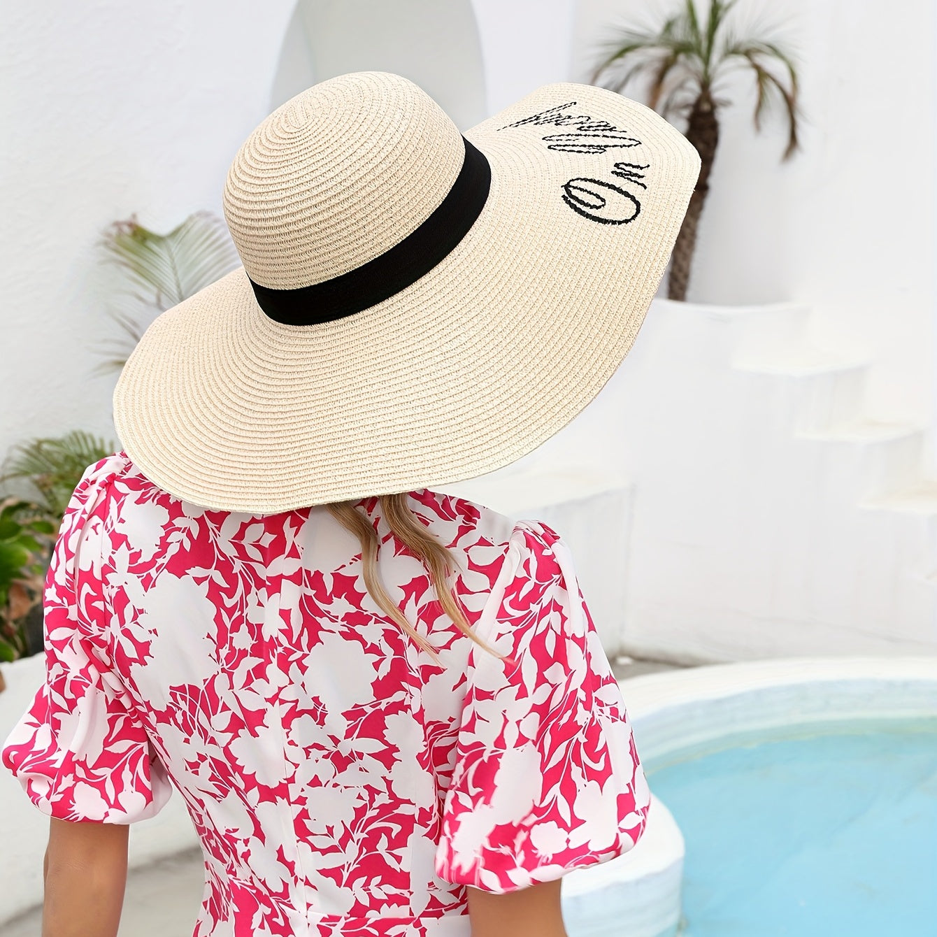 Letter Embroidery Floppy Sun Hat Wide Brim Crochet Straw Hat Beige