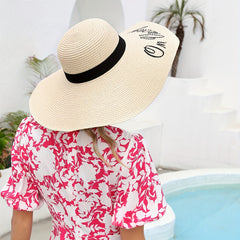 Letter Embroidery Floppy Sun Hat Wide Brim Crochet Straw Hat Beige