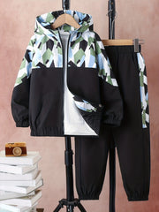 Boy's Geometric Pattern Jacket & Sweatpants Set for Spring Fall