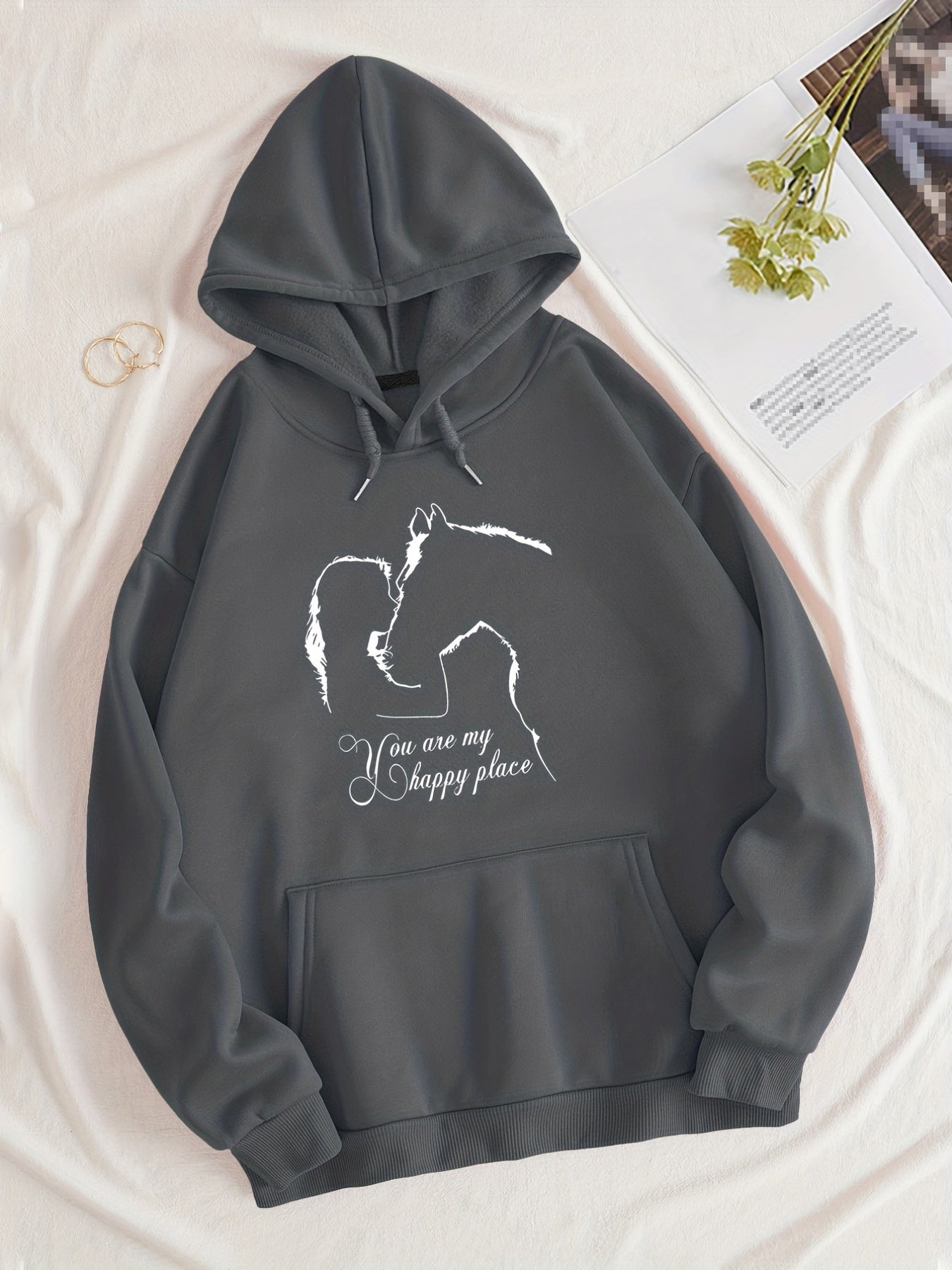 Girl & Horse Print Kangaroo Pocket Hoodie Long Sleeve Drawstring Hoodies
