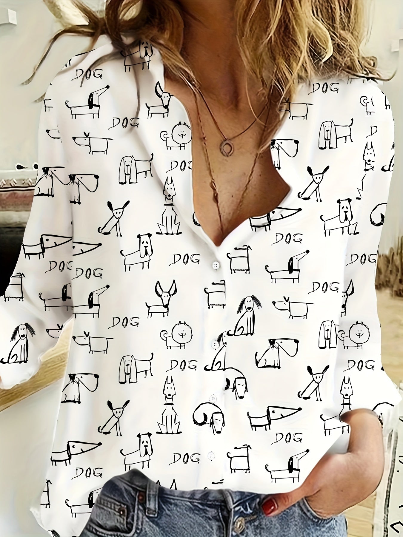 Dog Print Long Sleeve Blouse