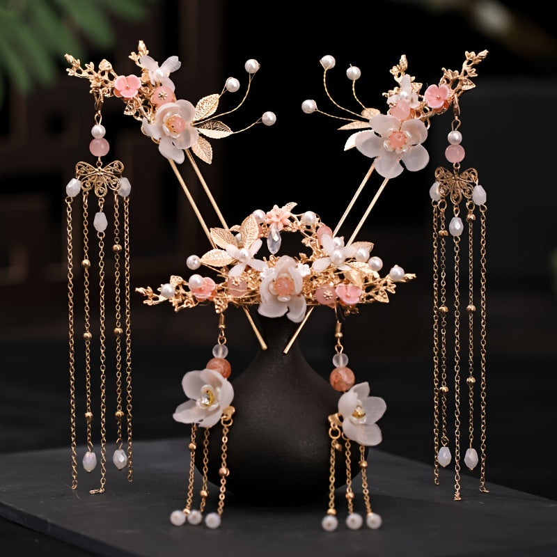 Chinese Pearl Hairpin Earring Tiara Set Women Hair Accessory