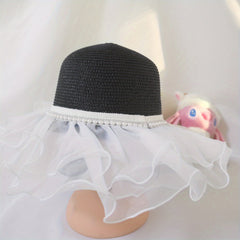 Pearl Decor Straw Sun Hat Ruffles Lace Mesh Beach Hat for Women