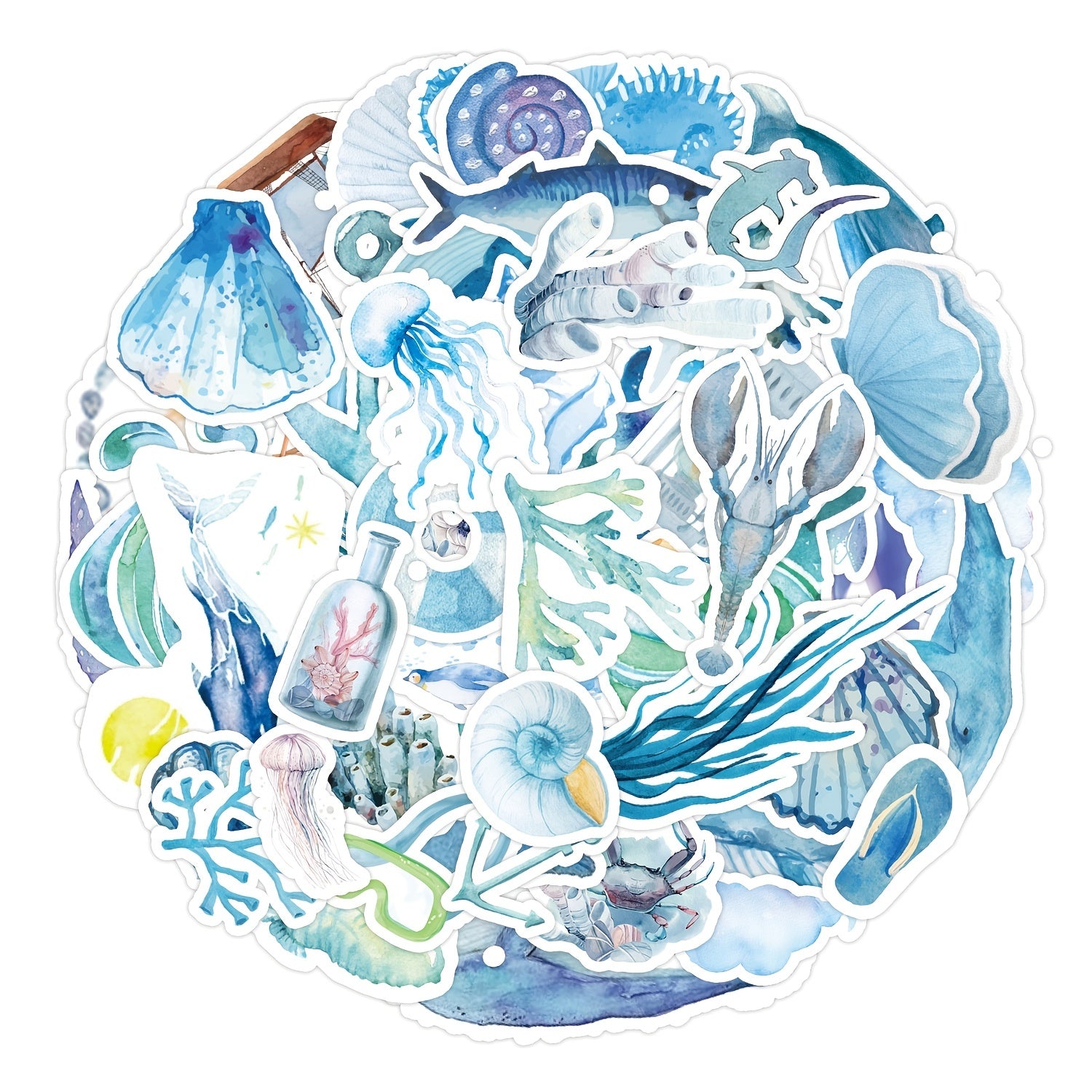 50pcs Watercolor Marine Series Doodle Stickers Waterproof DIY Creative Toys