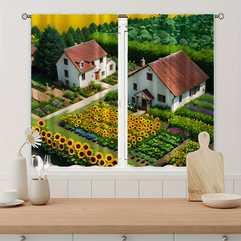 2pcs Cartoon Sunflower Village Curtain - Window Curtain for Outdoor Shelter