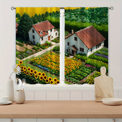 2pcs Cartoon Sunflower Village Curtain - Window Curtain for Outdoor Shelter