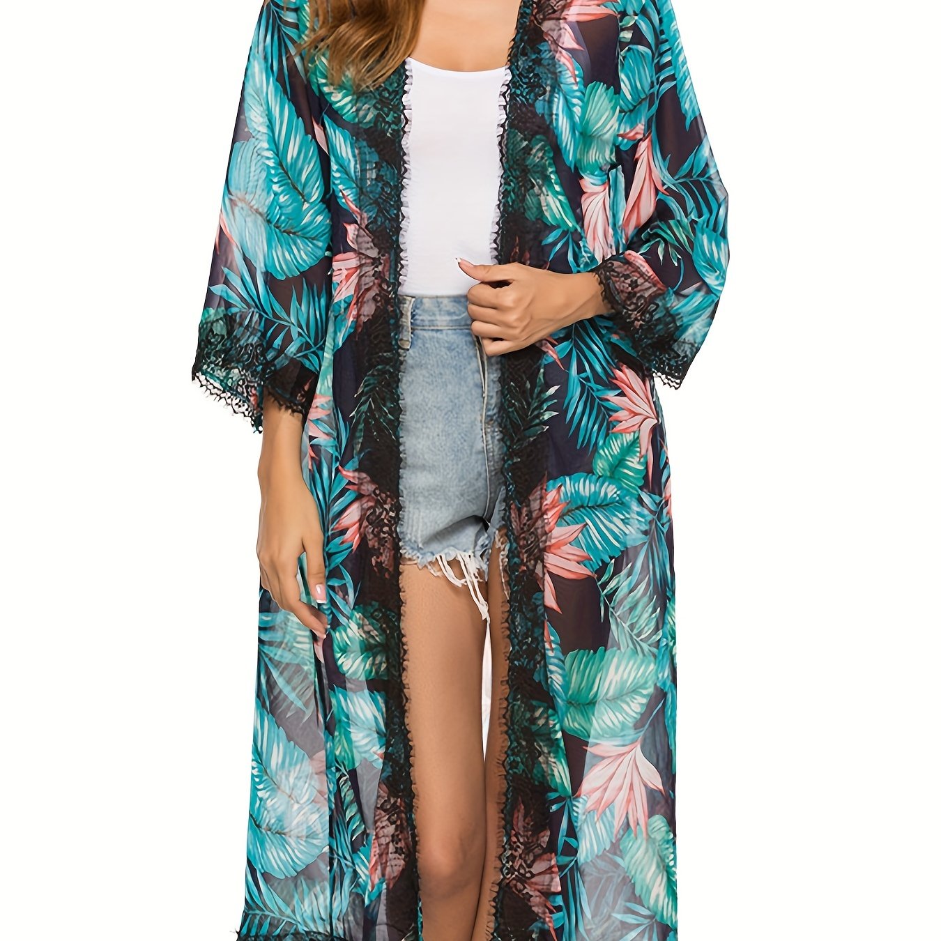 Tropical Floral Leaf Print Chiffon Cover Up 3/4 Sleeves Sun Protection Beach Cov