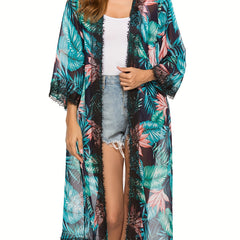 Tropical Floral Leaf Print Chiffon Cover Up 3/4 Sleeves Sun Protection Beach Cov