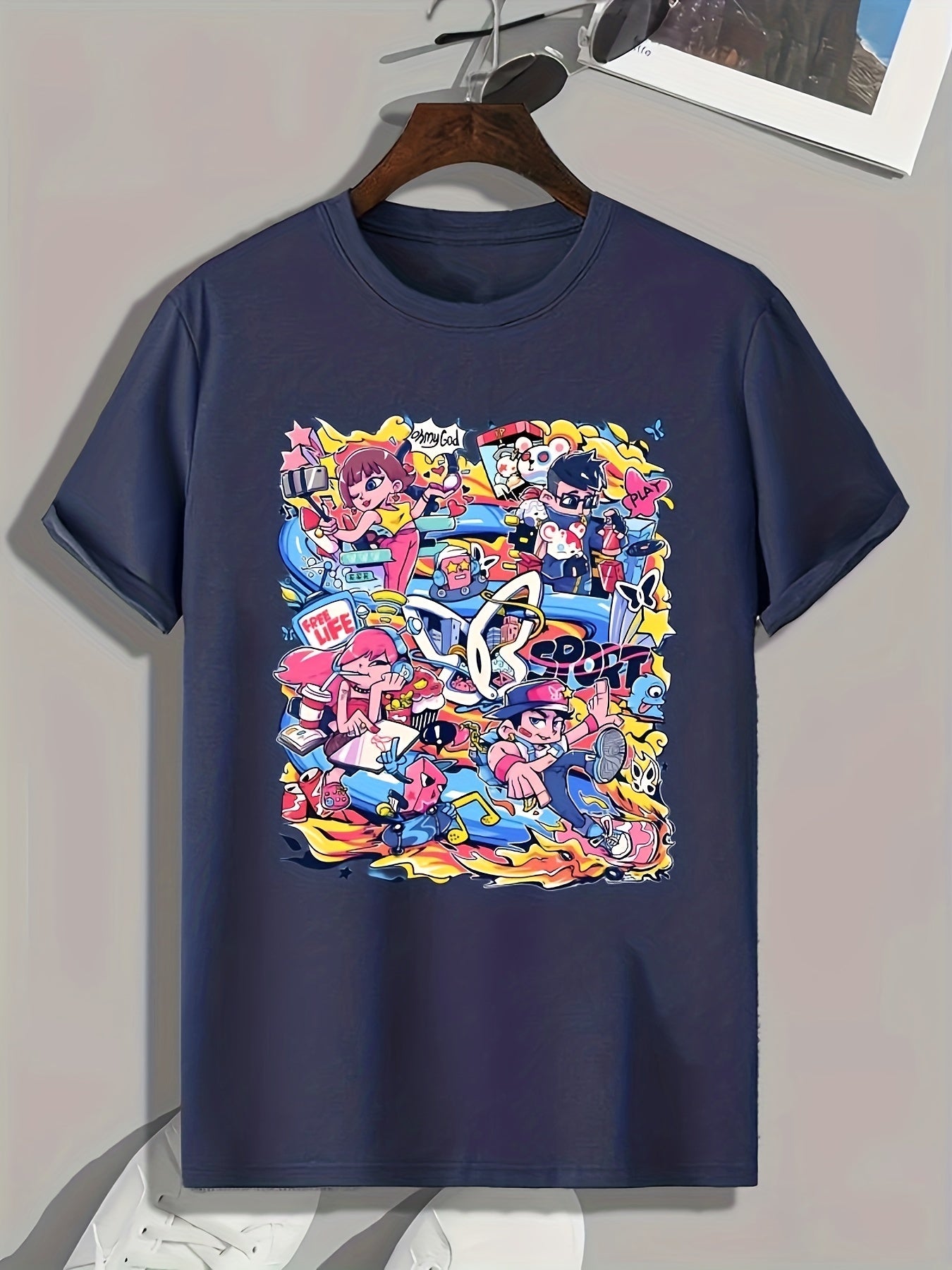 Cartoon Print Men's Graphic T-shirt for Summer