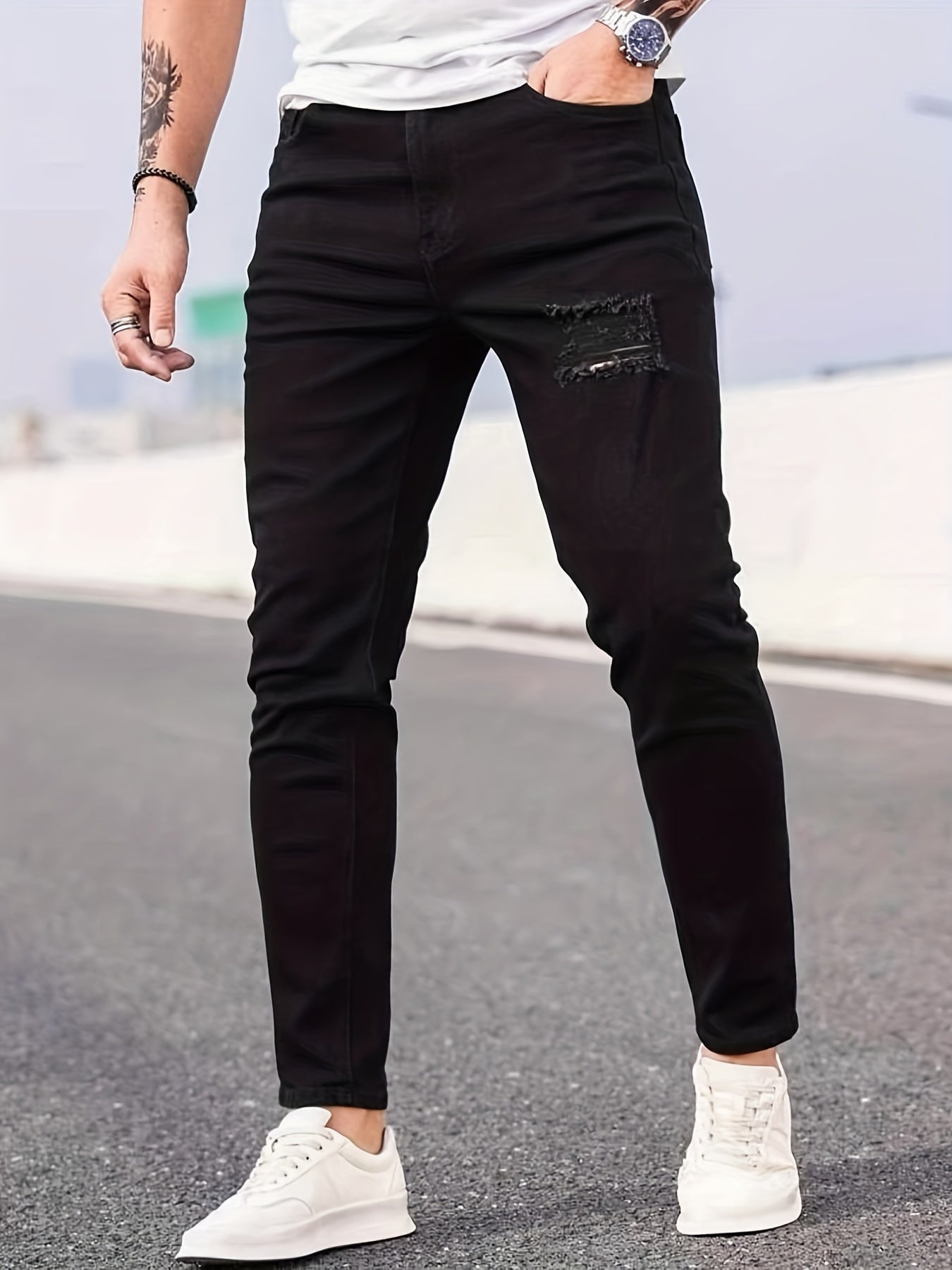 Men's Slim Fit Ripped Jeans High Stretch Denim Pants