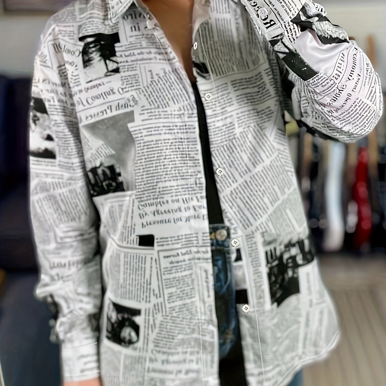 Newspaper Print Button Up Long Sleeve Blouse