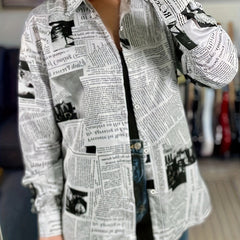 Newspaper Print Button Up Long Sleeve Blouse