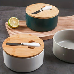 Large Capacity Ceramic Butter Box with Bamboo Lid