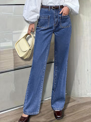 Patch Pockets Straight Jeans Loose Fit Non Stretch Denim Trousers