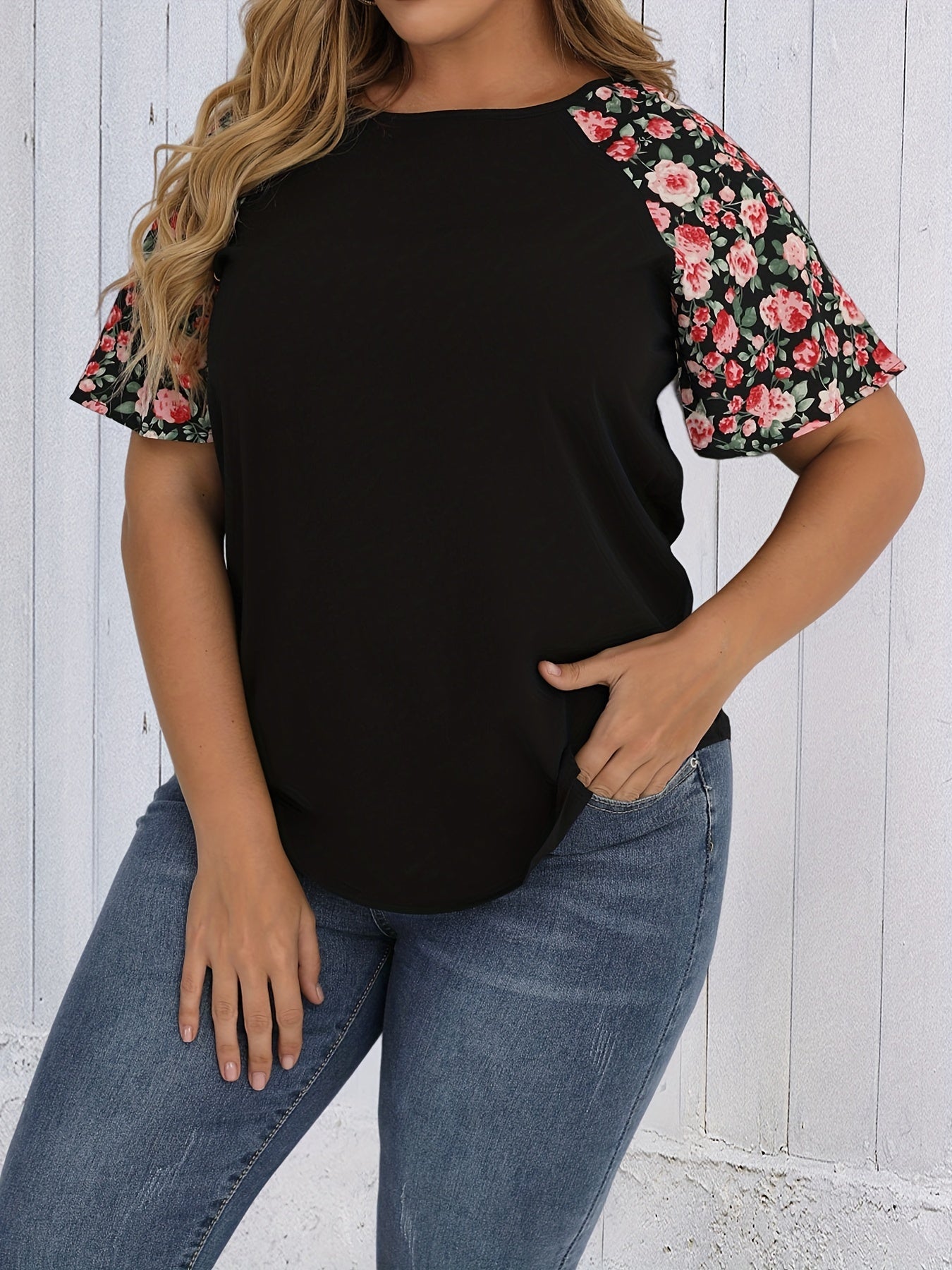 Vacay Blouse Women's Plus Colorblock Floral Short Sleeve T shirt
