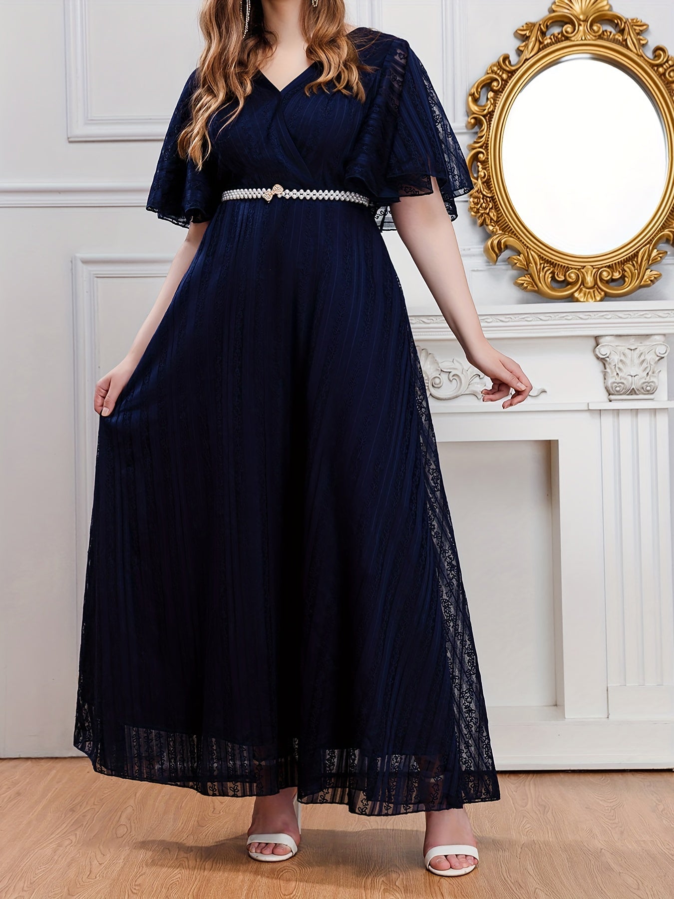 Solid V Neck Maxi Party Dress With Belt