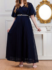 Solid V Neck Maxi Party Dress With Belt