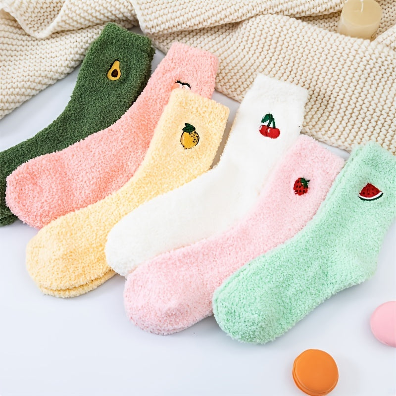 Soft Plush Home Floor Socks Fruit Pattern Thick & Warm Mid Tube Stockings