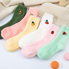 Soft Plush Home Floor Socks Fruit Pattern Thick & Warm Mid Tube Stockings