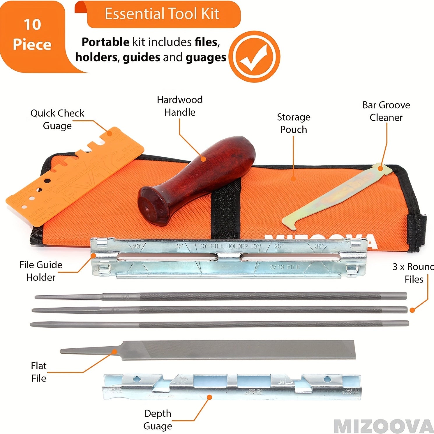 Chainsaw Sharpener File Kit 10pcs Set 5/32, 3/16, 17/32 Wood Handle