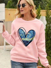 Heart Print Sweatshirt Crew Neck Long Sleeve for Fall & Winter