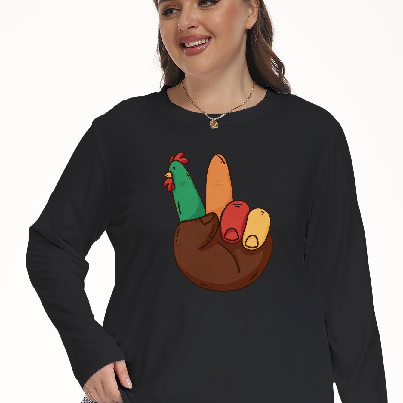 Funny Turkey Print Long Sleeve Crew Neck Tee