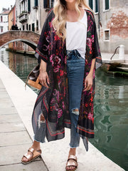 Floral Cover Up Shirt V Neck Semi Sheer Loose Fit Beach