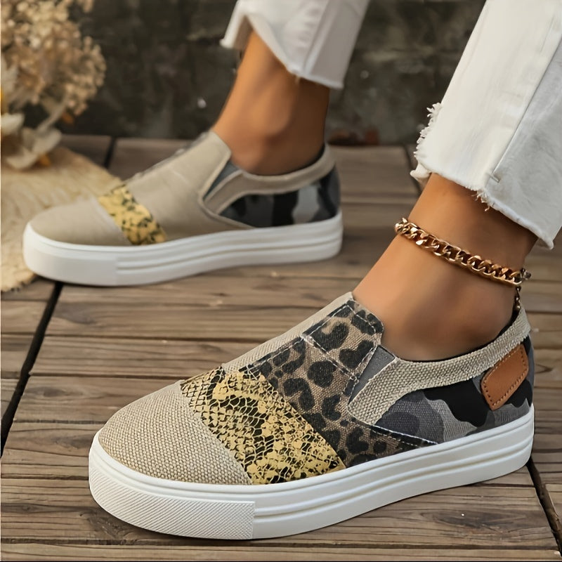 Leopard & Snakeskin Patchwork Canvas Shoes Low Slip Casual Flats