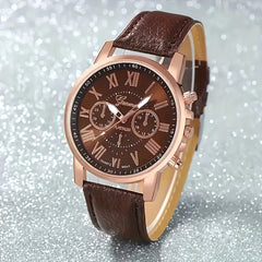 2pcs Quartz Watch Set Round Zinc Alloy Case PUPU PU Leather Strap No Required