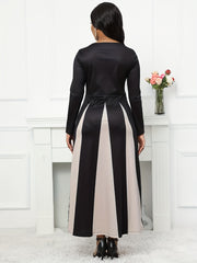 Block Maxi Dress Crew Neck Long Sleeve Dress Women's Clothing