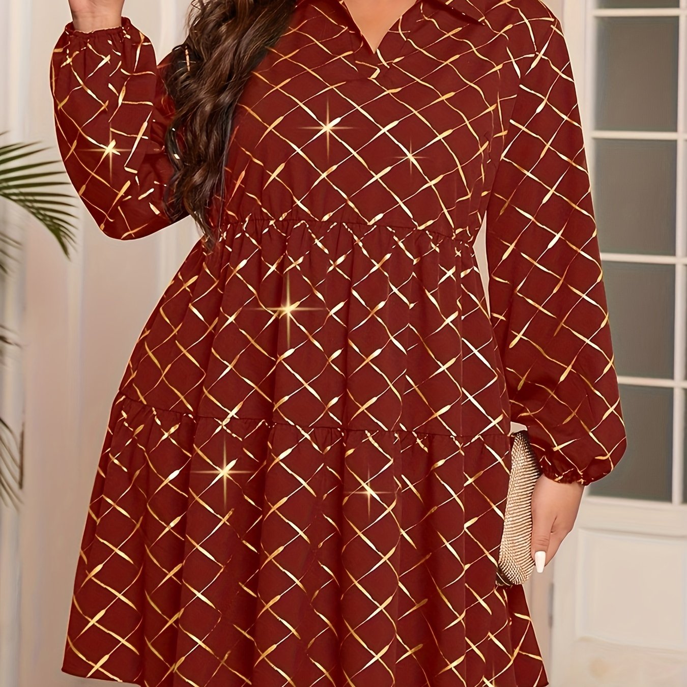 Women's Golden Argyle Print V Neck Smock Mini Dress