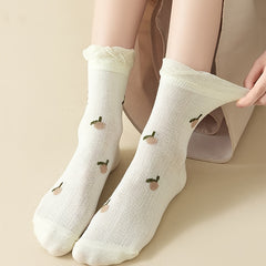 5pairs Ruffled Trim Floral Mid Tube Socks for Women