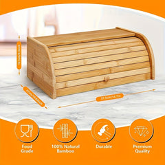 Large Natural Bamboo Roll Top Bread Box For Kitchen Countertop