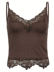Lace Stripe Textured Spaghetti Strap V Neck Cami Top