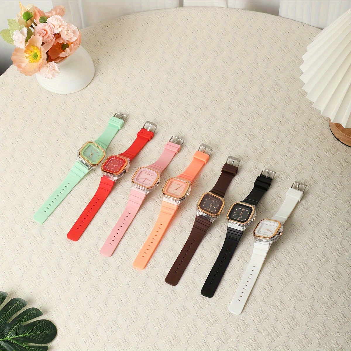 7pcs Quartz Watch Set Square Dial Silicone Strap Casual Multiple Options
