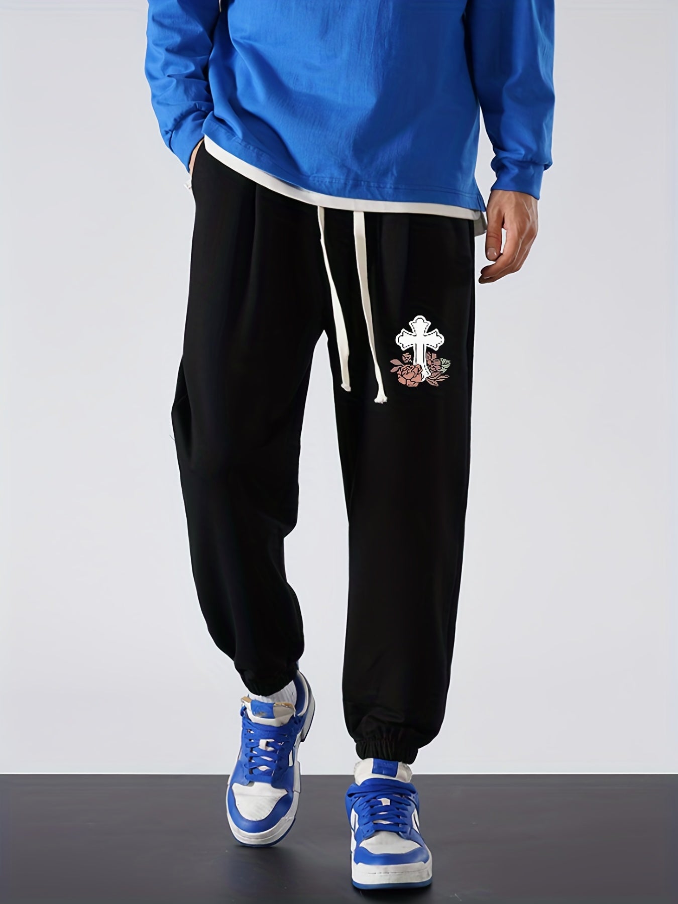 Cross Print Men's Drawstring Sweatpants Loose Casual Comfy Jogger Pants