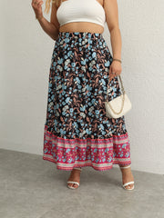Boho Skirt Women's Plus Floral Print Ruffle Trim Elastic High Rise
