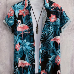 Flamingo Print Men s Casual Short Sleeve Hawaiian Shirt