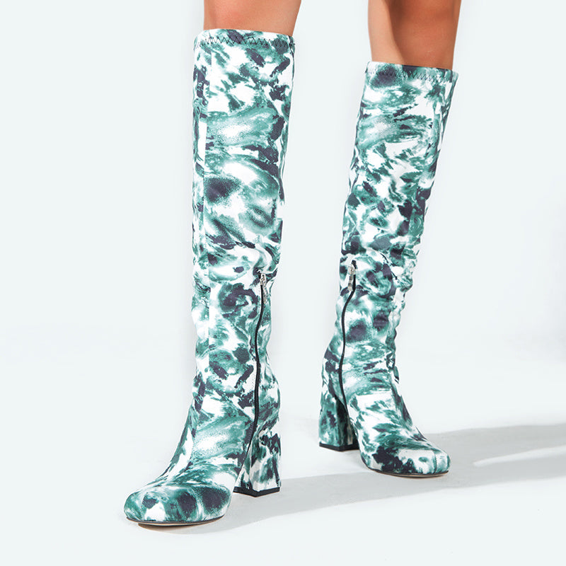 Marble Print High Heel Knee-High Boots