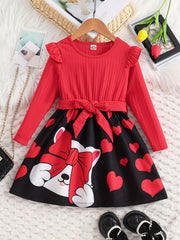 Smart Girls Kitty Bows Long Sleeve Midi Dress With Belt