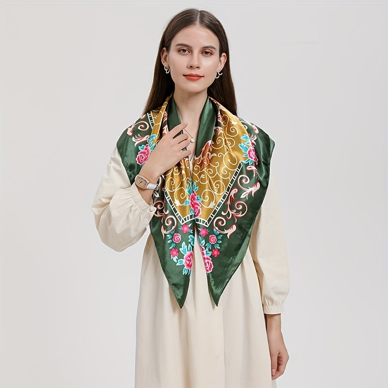 Vintage Floral Print Square Scarf Satin Shawl Women Head Wraps