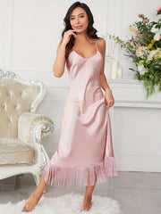 Satin Tassel Slip Nightdress V Neck Spaghetti Strap Sleep Dress