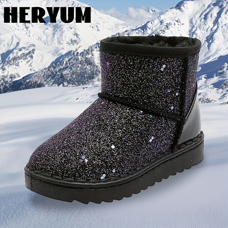 HERYUM Sequin Snow Boots For Girls Soft Warm Plus Fleece Boots Outdoor