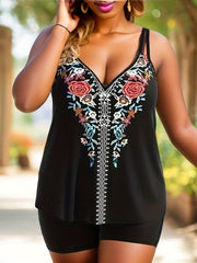 Boho Tankini Set Floral Embroidered V Neck Cami Top & Shorts