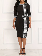 Colorblock Houndstooth Print Midi Dress