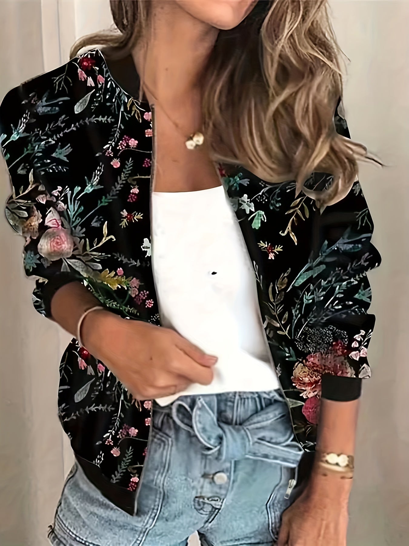 Graphic Print Zipper Jacket Baseball Neck Outerwear